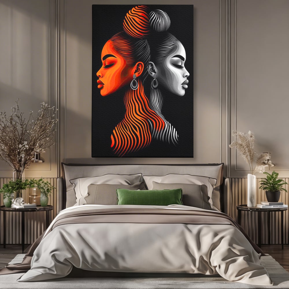 Tablou canvas cu tablou canvas cu doua fete stilizate, fara rama, pe sasiu de lemn, pe perete intr-un dormitor